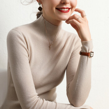 羊毛衫女100纯羊毛加厚半高领针织打底衫修身套头毛衣mxg2208杏色s