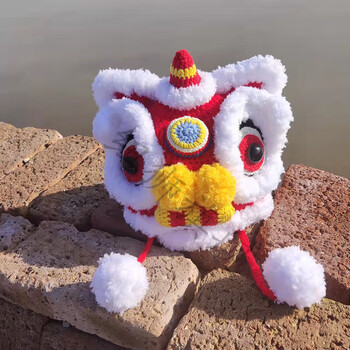 醒狮帽大头diy编织材料包虎头帽传统舞狮帽周岁百天礼物.