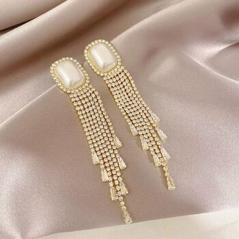 长款方块耳环珍珠锆石流苏耳钉女感耳饰轻奢夸张复古港风气质金色