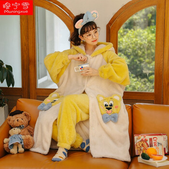 穆宁雪珊瑚绒睡衣女冬季加绒加厚连帽兔耳朵睡袍秋冬天女士学生法兰绒