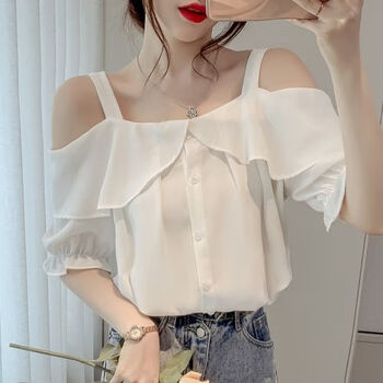 宜町一字肩女装上衣新款2024年时尚性感韩国女夏季露肩吊带甜美雪纺衫
