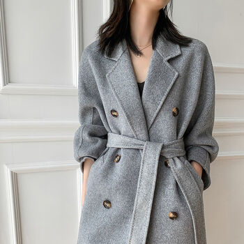 家驼色双排扣羊绒大衣女长款过膝高端100%羊毛呢秋冬外套101801 灰色