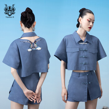 云思木想摩登中国风2021新款夏季设计感复古盘扣短袖衬衫女68535 蓝色 XL