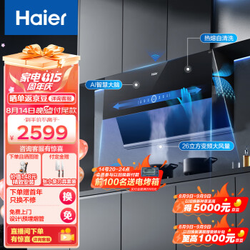 海尔(Haier)抽油烟机 侧吸式吸烟机 变频26立方大吸力 挥手智控 自动清洗 家用厨房排烟机EC911UD