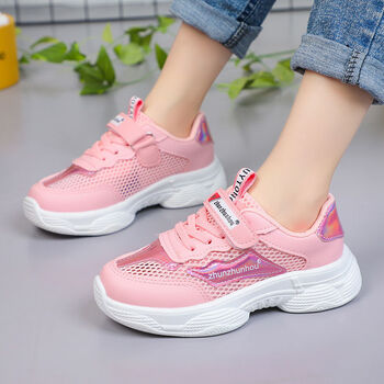 女童鞋子2021新款春秋女孩跑步运动鞋透气儿童鞋网面中大童小白鞋蔷薇