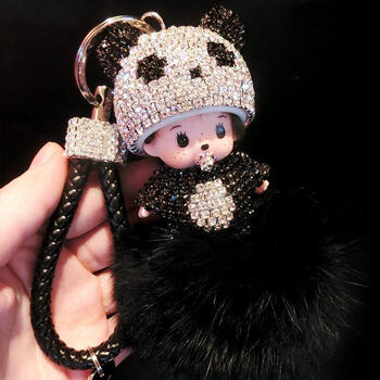 钥匙扣水晶包包钥匙链挂件女生 黑白熊猫蒙奇奇黑色镶钻编织)毛球款
