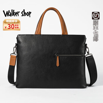 Walker Shop【520情人节礼物】品牌商务公文包男头层牛皮电脑包斜挎手提包男 黑色 中包 16英寸