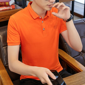 潮流翻领polo衫短袖男士有带领t恤男装衬衫领半袖上衣服 5744-橙色 m