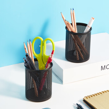 齐心(Comix)笔筒 金属网格圆形 黑色B2002