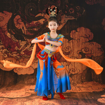 敦煌飞天舞蹈服装儿童敦煌飞天舞蹈服装演出服女童飘逸中国风古典渐变
