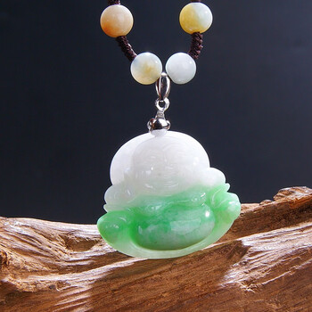 xushi缅甸翡翠a货玉佛吊坠女款 浅绿笑佛弥勒佛挂坠玉石佛公玉珠项链