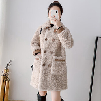 罗蒙皮毛一体羊羔毛2023年新款仿皮草外套双排扣中长款厚羊剪绒大衣女
