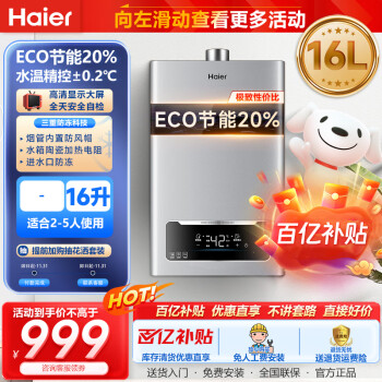 海尔（Haier）燃气热水器天然气家用16升/13升强排式智能直流变频恒温节能PE3热水器ECO 变频恒温-16升-ECO变频节能