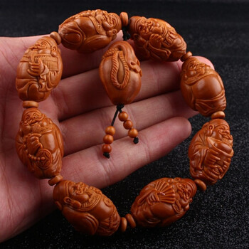 葵影八方聚财19大籽橄榄核手串八大财神爷核雕文玩橄榄胡男士手链