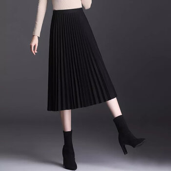 御仕达毛呢半身裙秋冬女高腰显瘦春秋百搭a字短裙小个子百褶裙黑色长