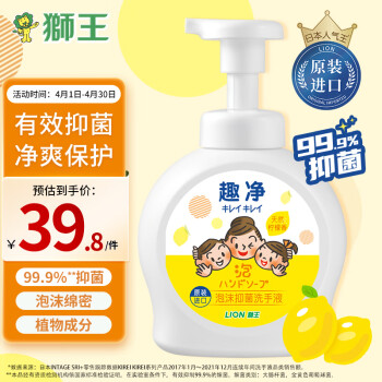 狮王（Lion）趣净泡沫抑菌洗手液 清爽柠檬香型 瓶装490ml儿童成人通用洗手液