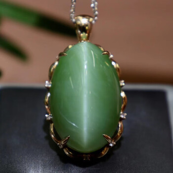 慈心缘 和田玉碧玉绿猫眼吊坠 18k金镶钻男女玉坠项链挂件玉牌玉石