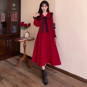 献妃咔初中生女孩新年衣服12岁少15初中学生13甜美娃娃领红色连衣裙女