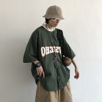 适晨日系工装棒球服衬衫男女生夏季学院风情侣衬衣外套绿色普通款收藏