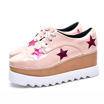 星星松糕鞋女秋2018英伦风厚底方头黑色系带休闲白色单鞋 裸色星星