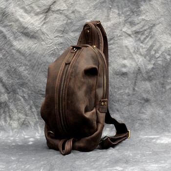 kuqidaishu男士复古疯马皮胸包腰包牛皮斜挎包真皮单肩包潮男包背包