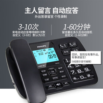 飞利浦（PHILIPS）录音电话机 固定座机  办公家用 自动 手动录音 16G存储卡 放音密码保护 CORD165 (黑色)