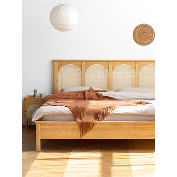 科尔多藤编床中古北欧实木床复古简约15日式原木风主卧18米双人床储物