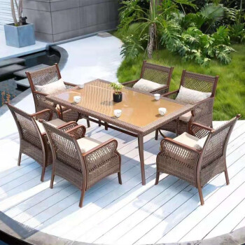 阳台桌椅室外休闲庭院桌椅花园藤椅五件套组合170cm编藤长桌6张藤椅