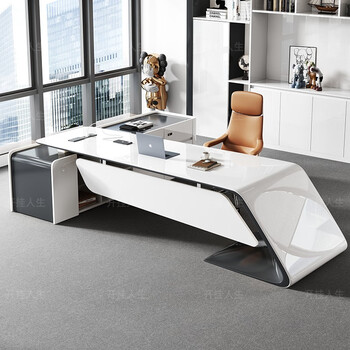 设计师款烤漆总裁办公桌简约现代创意班台科技感白色老板桌椅组合 1.