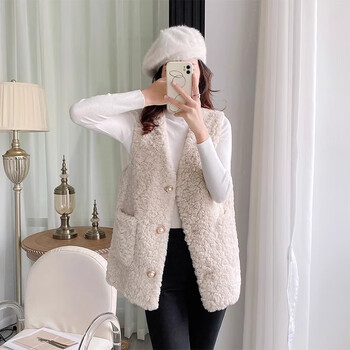 森用羊羔毛马甲女洋气款小个子秋冬装新款韩版时尚少女生背心坎肩米