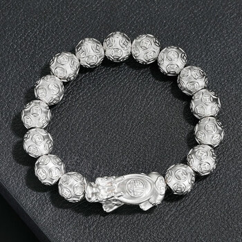 老凤祥足银手链男士铜钱貔貅霸气复古手串铜钱球手绳时尚饰品送男 尚