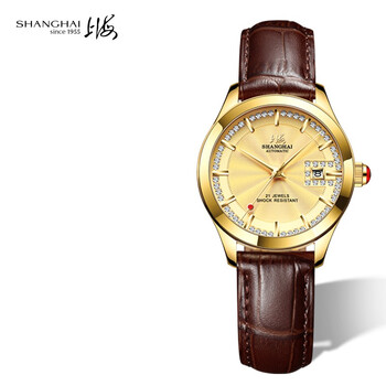 上海shanghai牌手表60周年纪念表女自动机械表镶钻日历防水腕表金色