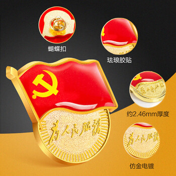 金隆兴 【不褪色】镀金党徽胸章 新党员徽章 为人民服务胸针 厚2.46mm 蝴蝶扣式 10个装 9366
