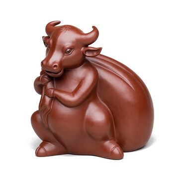美典(meediea)宜兴紫砂描金牛茶宠摆件 精品描金福袋牛摆件全手大红袍