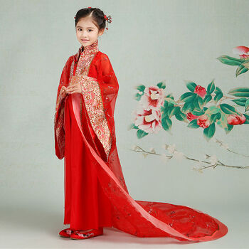 儿童女古装拖地裙儿童贵妃古装拖尾女童唐朝公主汉服裙娘娘仙女宫廷