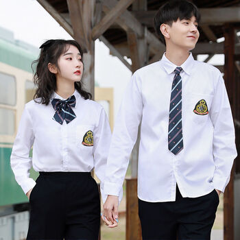 风校园夏季初中高中衬衫朗诵合唱服毕业季班服 女白衬衫长袖 藏青领花