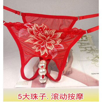 性感女士透明丁字裤珠子大码珍珠按摩内裤 红色 5颗大珠 调节码80-180
