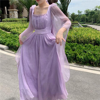 大裙摆长裙连衣裙宫廷风方领紫色仙气飘逸喇叭袖大裙摆长裙 紫罗兰