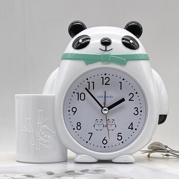 儿童学习带笔筒熊猫小闹钟可爱卡通学生创意卧室客厅台式桌面闹表绿色