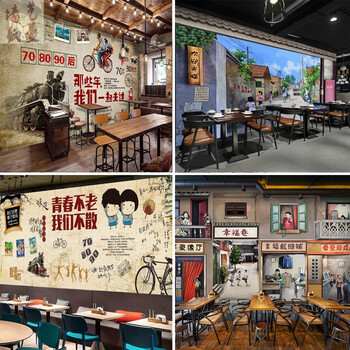 可狄kedi3d复古火锅店餐厅怀旧童年小卖部饭店装饰壁画马路边墙纸进口