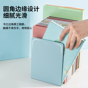 得力（deli）18cm高简约金属桌面桌面书立置物架书收纳桌上书架 桌上书籍挡靠夹 2片/ 浅绿78650