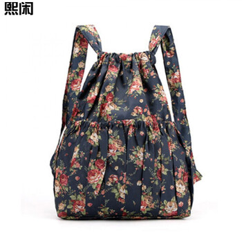 束口袋抽绳双肩包简易背包尼龙花色布包运动休闲百搭轻便折叠女布包小