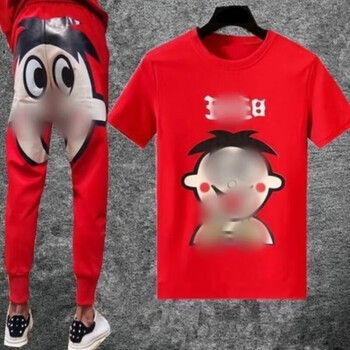 刘商鸽旺仔衣服牛奶短袖套装男精神小伙旺仔紧身衣一套上衣全套红色