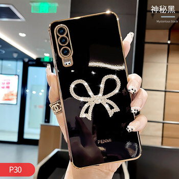 包边曲面屏防摔软壳p30奢华水钻蝴蝶结网红保护套 华为 p30【神秘黑】