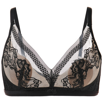 新品水中花轻薄蕾丝内衣女大胸显小无钢圈文胸收副乳防下垂夏神秘黑80