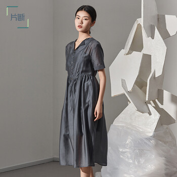 片断连衣裙夏季2022短袖灰黑色v领收腰气质a字裙缎面丝质法式长裙深灰