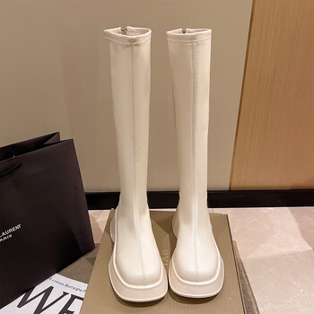 鞋柜女靴法式厚底高筒白色长筒长靴女靴秋季新款切尔西黑色米色35