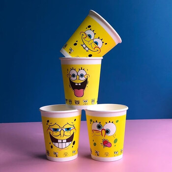 卡通一次性杯子纸杯茶水杯可爱图案办公家用50个250毫升加厚 海绵宝宝