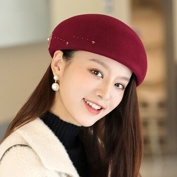 均欣2022新款贝雷帽子女冬毛呢帽时尚百搭礼帽韩版出游空姐帽英伦南瓜