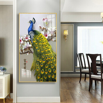 喜思顿晶瓷入户玄关装饰画竖版走廊过道壁画背景墙现代简约五彩孔雀